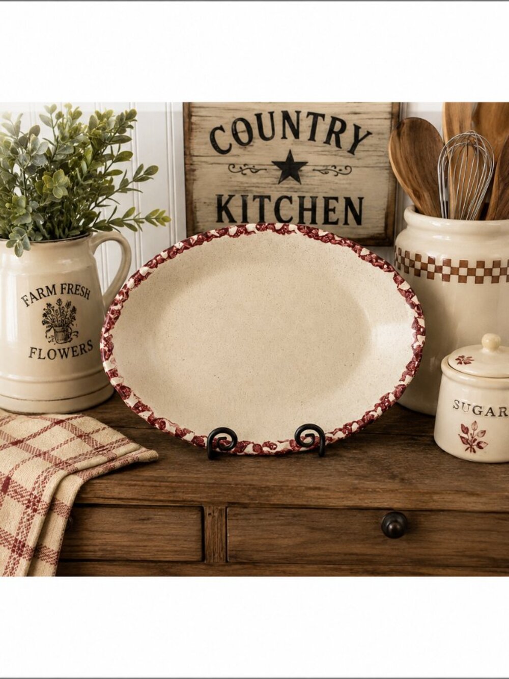 Burgundy Spongeware Oval Serving Platter 10"